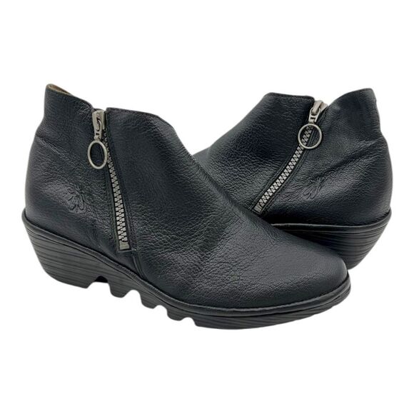 Fly London Women's Leather Side Zip Poro Wedge Ankle Bootie Black Size 36 - Picture 4 of 12